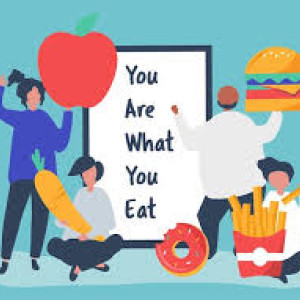 You are what you eat graphic with words and people holding food